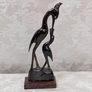 Vintage Hand Carved Water Buffalo Horn Egret Crane Heron Mama Baby Bird Stork